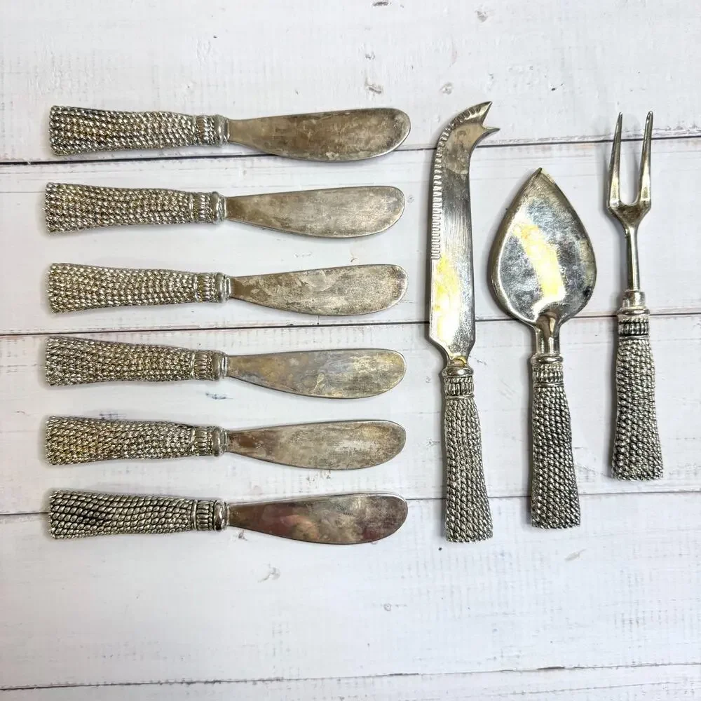 Vintage Silver Tone Hors D'Oeuvre Utensils Cheese Braided Tassel 9 Knife Servers